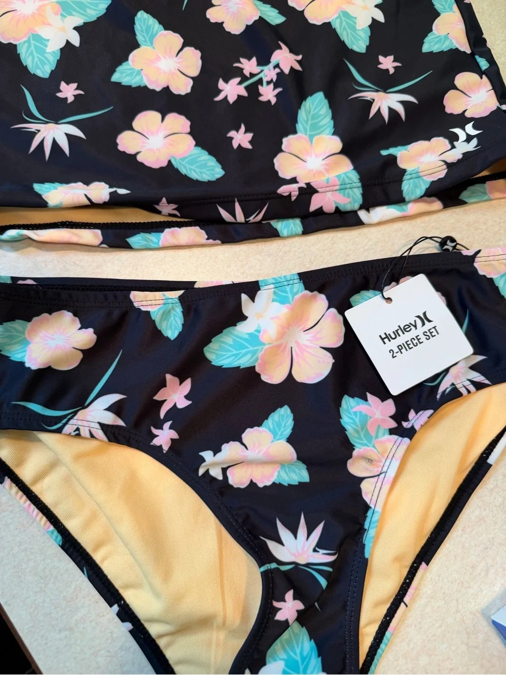 Hurley Girls 2-Piece Floral Tankin Set Black Multi UPF 50+ Size 14